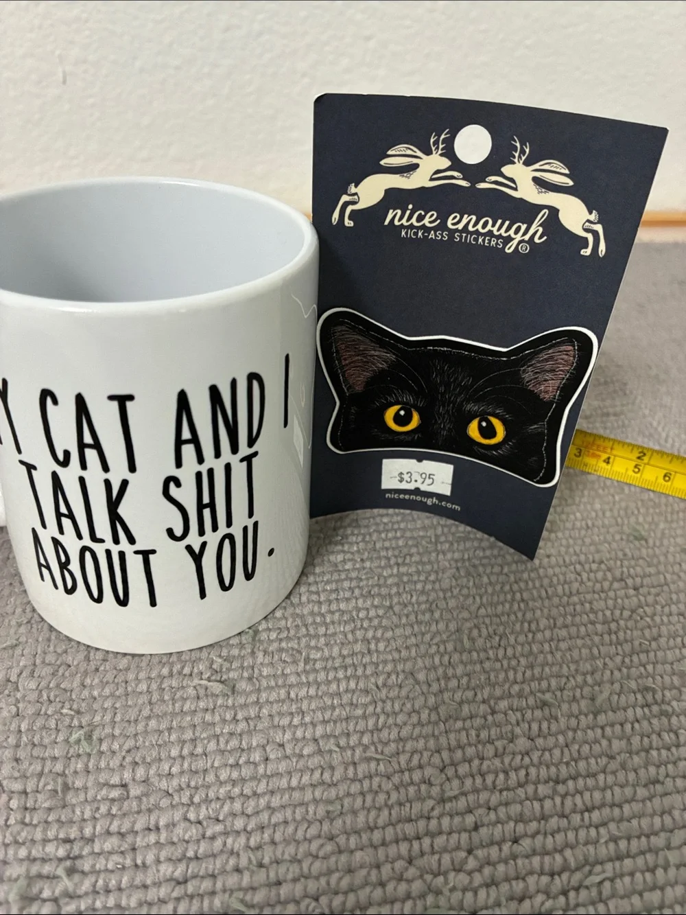 Coffee mug & Black Cat Sticker – Yellow-Eyed Cat Design